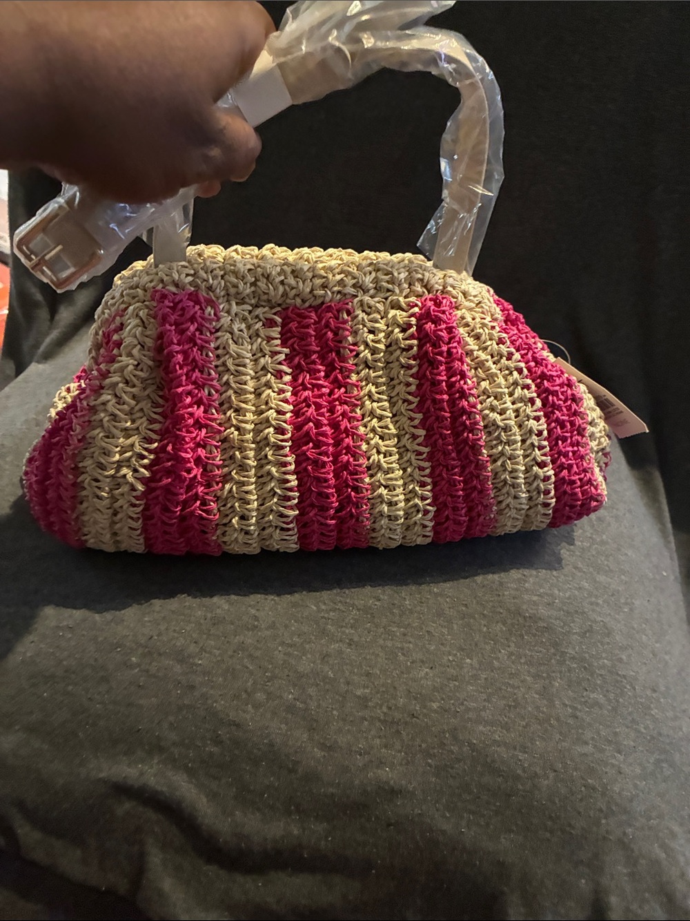 LOFT Pink and Cream Striped Woven Shoulder Bag - Picture 5 of 7